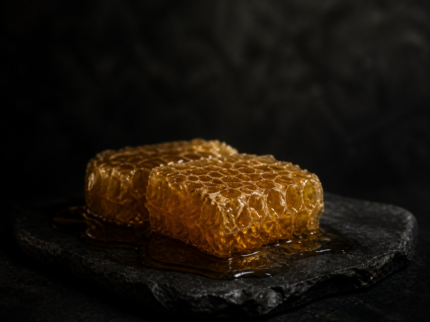 Golden honeycomb resting on dark stone