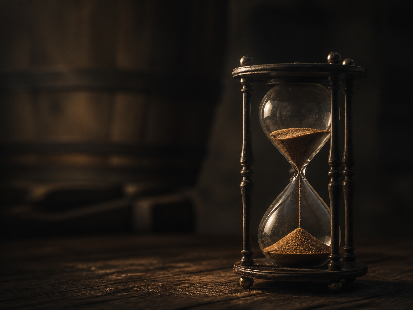 An antique hourglass measuring time in a dark cellar