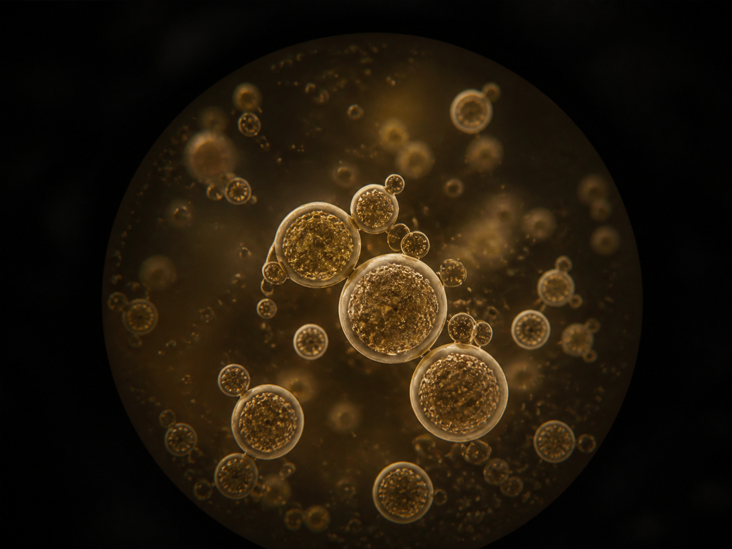 Yeast cells seen through a circular microscope field