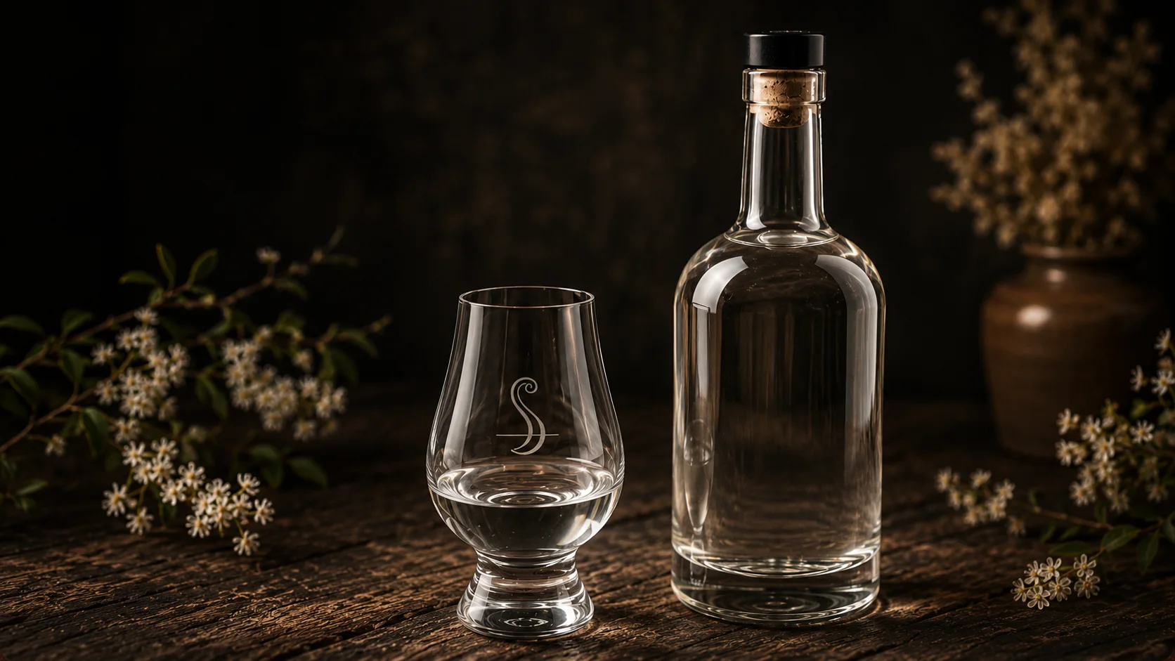 Transparent Andi bottle and glass on a dark wooden surface